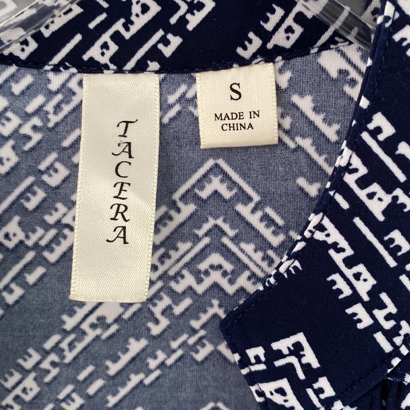 TACERA navy blue white chevron stripe house dress button sleeve belt yoke - Picture 2 of 4